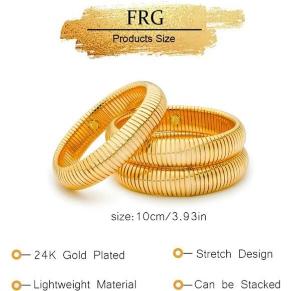 Set of 3 Gold Chunky Stretch Bangles for Women - 24K Gold Plated Bracelets - Picture 7 of 8